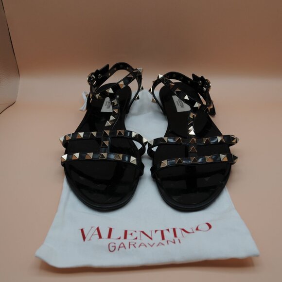 Valentino Rockstud Rubber Gladiator Sandals, Black, Gold studs - Picture 1 of 6